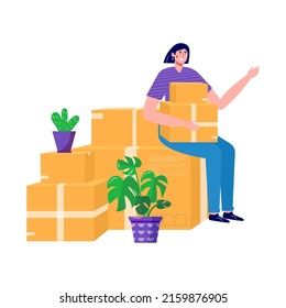 Woman moves new home, house. People moving and collect supplies in boxes. Person cartoon characters packing belongings. Young couple unpacking concept, delivery, relocation, move box.