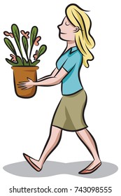 A woman moves a potted plant to a sunnier spot.
