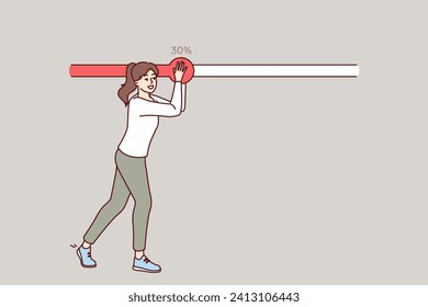 Woman moves progress bar slider with hands to speed up downloading file from internet or achieving goal. Girl develops strong character and ambition, happily moving forward towards goal