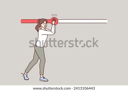 Woman moves progress bar slider with hands to speed up downloading file from internet or achieving goal. Girl develops strong character and ambition, happily moving forward towards goal