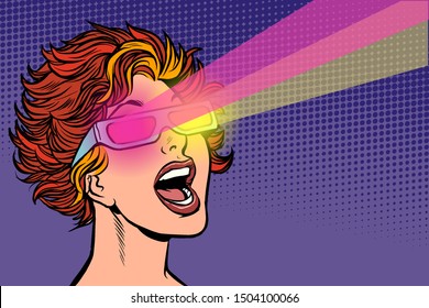 Woman in movie stereo glasses. Pop art retro vector illustration drawing
