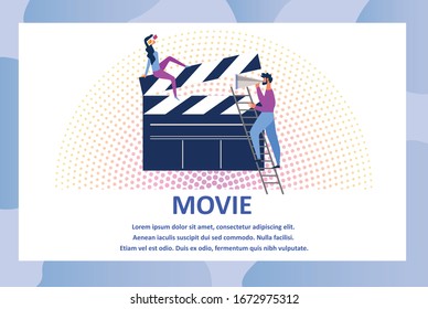 Woman Moviegoer Wearing 3d Glasses Sitting on Huge Clapperboard, Man Director Stand on Ladder with Loudspeaker. Movie Action and Film Production Cartoon Flat Vector Illustration, Horizontal Banner