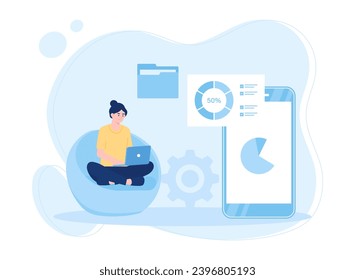 woman moving files from laptop to smartphone rending concept flat illustration