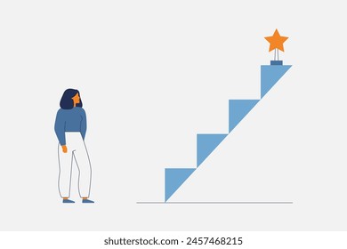 Woman moving forward by small steps in her occupation. Incremental Progress in career and business. Female person does everyday efforts for long-term goals. Vector Illustration