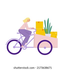 Frauen ziehen von zu Hause oder im Büro um. Transporte mit dem Frachtrad. Backfiets mit zu Hause oder im Büro Sachen und so. Vektorgrafik