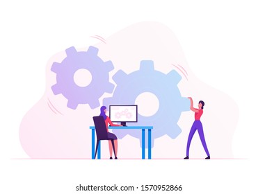 Woman Moving Huge Cogwheels Mechanism with Hands, Businesswoman Sitting at Desk with Computer Managing Process on Pc Screen. Development and Innovation in Business. Cartoon Flat Vector Illustration