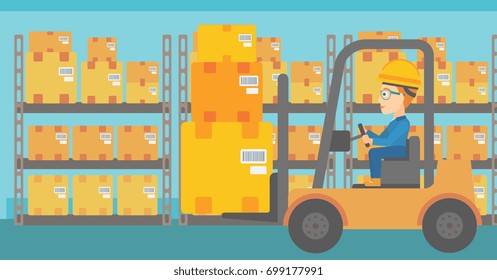 A woman moving load by forklift truck on the background of warehouse vector flat design illustration. Horizontal layout.