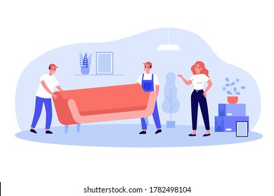 Woman moving to new house. Loaders carrying furniture, lifting sofa. Flat vector illustration for new home, loading service, relocation concepts