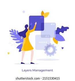 Woman moving translucent digital elements or windows. Concept of layers management, software option or feature, app or program interface. Modern flat colorful vector illustration for banner, poster.