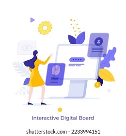 Woman moving web elements over computer screen. Concept of interactive digital board, multimedia display, innovative touchscreen technology, responsive interface. Modern flat vector illustration.