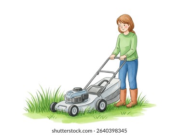 Woman mowing lawn vector illustration. Garden maintenance image, outdoor chores, yard work and spring activities. A female homeowner tending her garden.