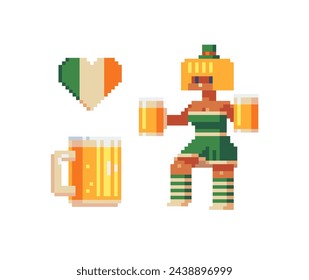 Woman with mug of beer. Irish flag heart. St. Patrick's day symbols. Pixel art set. Traditional Irish holiday. Greeting card or invitation design elements. Isolated vector illustration.