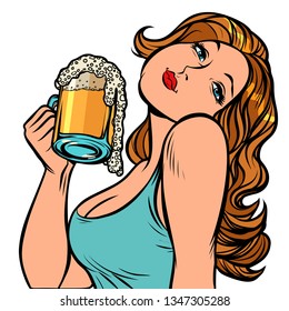 Woman with a mug of beer in profile. Isolate on white background. Oktoberfest Pub or bar. Comic cartoon pop art retro vector illustration drawing