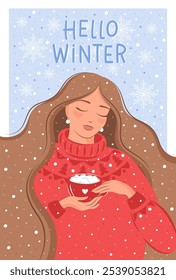 Mulher com uma caneca de cacau quente ou café sob queda de neve. Cartão de Ano Novo com o texto Olá inverno. Menina em suéter invernado feita. Ilustração vetorial para banner, capa de feriado, marketing.
