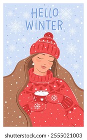 Woman with a mug of hot cocoa or coffee under snowfall. New Year's card with the text hello Winter. Beautiful girl in winterred sweater made. Vector illustration for banner, holiday cover, marketing
