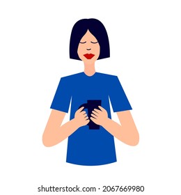 Woman with mug smiling. Bob haired woman enjoying cup of coffee. Vector stock illustration.