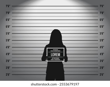 A woman and mugshot, Police lineup or mugshot background for criminals with inches metric and chalkboard front view	
