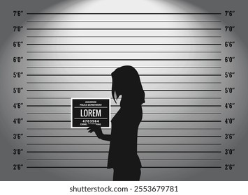 A woman and mugshot, Police lineup or mugshot background for criminals with inches metric and chalkboard side profile view	
