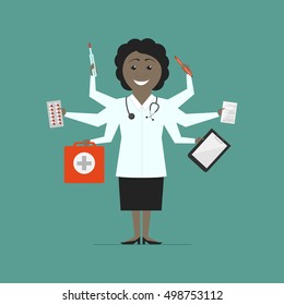 Woman multi-doctor. Multitasking. Flat design vector