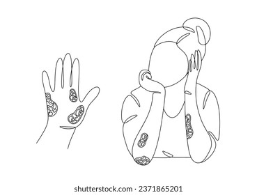 A woman with multiple psoriasis rashes all over her body. International Psoriasis Day. One line drawing for different uses. Vector illustration.