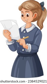 A woman multitasking, jotting down important information on papers using a pen