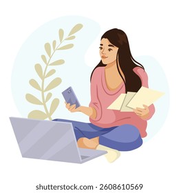 Woman multitasking with laptop, phone and documents at home workspace. Vector illustration