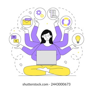 Woman with multitasking linear. Young girl with lot of hands near tasks and goals. Motivation an leadership, success. Light bulbs and messages, graphs. Doodle flat vector illustration