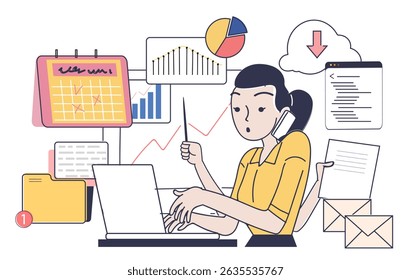 Mulher multitarefa no escritório com laptop, gráficos, calendário, documentos e nuvem, desenhado em estilo de desenho animado plano sobre fundo branco. Conceito de produtividade. Ilustração vetorial