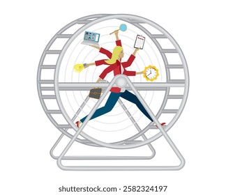 Woman multitasking and running in hamster wheel, squirrel wheel. Stress and deadline. Isolated. Vector illustration.