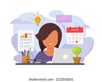 Woman multitasking work or professional female girl busy doing multi task job flat graphic illustration, lady employee working on table desk as energetic secretary person on computer image