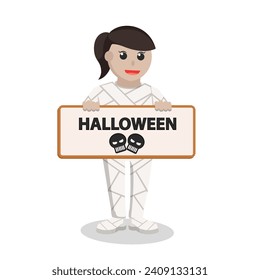 Woman With Mummy Costume holding sign halloween