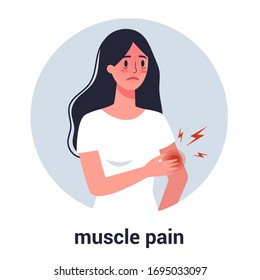 Woman with muscle pain. Sport trauma and sickness. 2019-nCoV symptom. Virus prevention and protection. Coronovirus alert. Isolated flat illustration