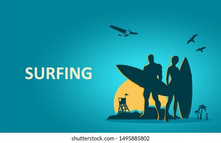 Woman and muscular man posing with surfboard. Palm and lifeguard tower on backdrop. Air plane and birds in the sky. Tropical island landscape. Happy couple at sunrise