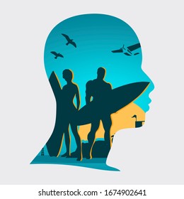Woman and muscular man posing with surfboard. Palm and lifeguard tower on backdrop. Air plane and birds in the sky. Tropical island landscape. Happy couple at sunrise. Double exposure portrait of man