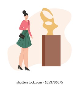 Woman at Museum of Modern Art. Young girl watching exhibition of contemporary abstract sculpture or statue and creative artworks. Vector character illustration of tourist excursion, visitor at gallery