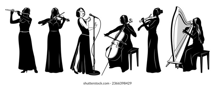 Woman music band with vocalist. Silhouettes Set. Women singing, playing on violins, cello, celtic harp and flute folk and classic music. Vector cliparts isolated on white.