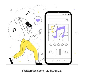Woman with music online platform line. Young girl near smartphone with songs and melodies. Character in headphones with player. Entertainment and fun. Linear flat vector illustration