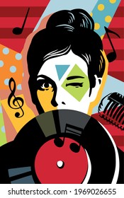 Woman With Music Plate. Pop Art Microphone. Music Standup Concert Radio Podcast Blog. Comic Cartoon Pop Art Retro Illustration Drawing. Trendy Pop-art Cover