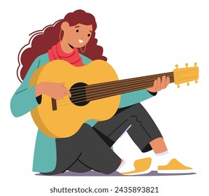 Una Profesora De Música Se Sienta En El Piso, Con Los Dedos Bailando En Cuerdas De Guitarra. Personaje Femenino Creando Una Melodía Armoniosa Que Resuena Con Pasión Y Experiencia. Ilustración vectorial de personas de dibujos animados