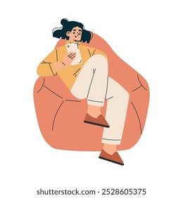Woman at Musical Festival Sit on Chair with Smartphone Have Rest Vector Illustration