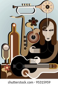 Woman with musical instruments - vector background. Abstract art application.