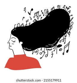 The woman with musical notes coming out of her hair, Hand drawn Vector Illustration doodle style.