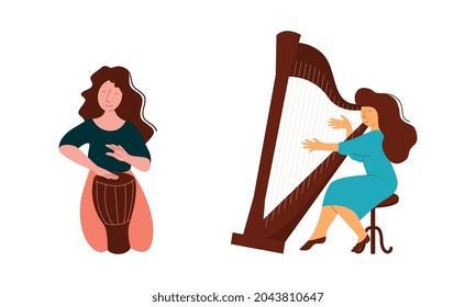 Woman Musician Instrumentalist Performing Music Playing Musical Instrument Vector Set