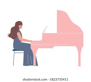 Woman Musician Playing Grand Piano, Classical Music Performer Character with Musical Instrument Flat Style Vector Illustration