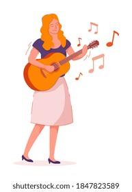 Woman musician playing guitar isolated on white background