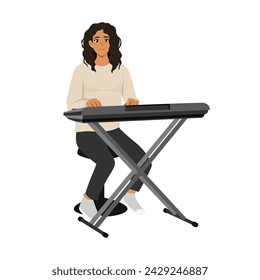 Woman musician playing piano keyboard. Flat vector illustration isolated on white background