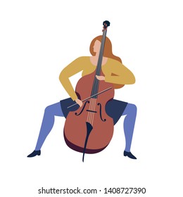 Woman musician playing violoncello cartoon funny illustration in vector. Women professions collection.