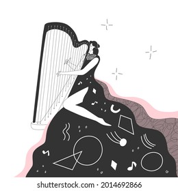 Woman musician plays the harp. String Orchestra, musical instrument, meditation, playing music. Isolated on white background. Vector illustration. Flat style. Abstract elements, cosmos, harmony.