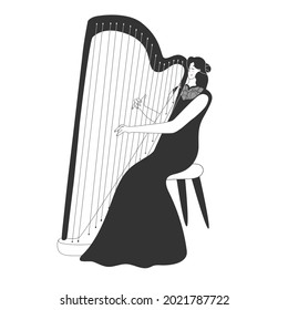 Woman musician plays the harp. String Orchestra, musical instrument, meditation, playing music. Isolated on white background. Vector illustration. Flat style. Harmony.