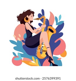 Woman musician plays saxophone, expressing creativity and passion for jazz. Performer on stage. Music festival or open air concert. Jazz band show. Musician vector illustration isolated on white.